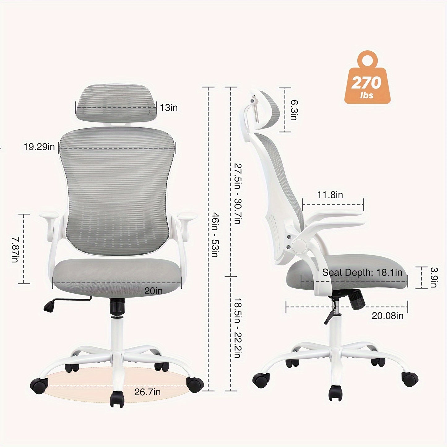 Home Office Desk Chair, Ergonomic High-Back Mesh Rolling Work Computer Chairs with Wheels and Adjustable Headrests, Comfortable Lumbar Support, Comfy Flip-up Arms for Bedroom, Study