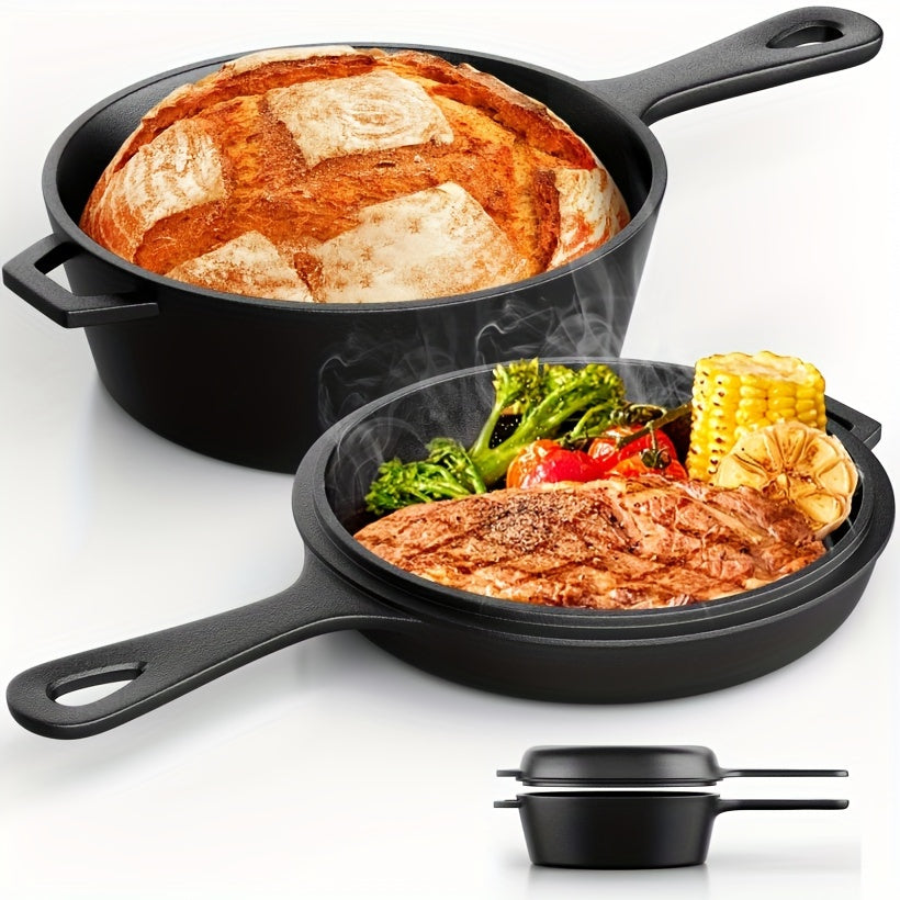 Cast Iron Skillet With Lid, 2-In-1 Multi Cooker, Deep Pot 3.2Qt+ Frying Pan 1.4Qt, Dutch Oven, Oven Cookware, Works For Oven, Stove, Grill, Campfire