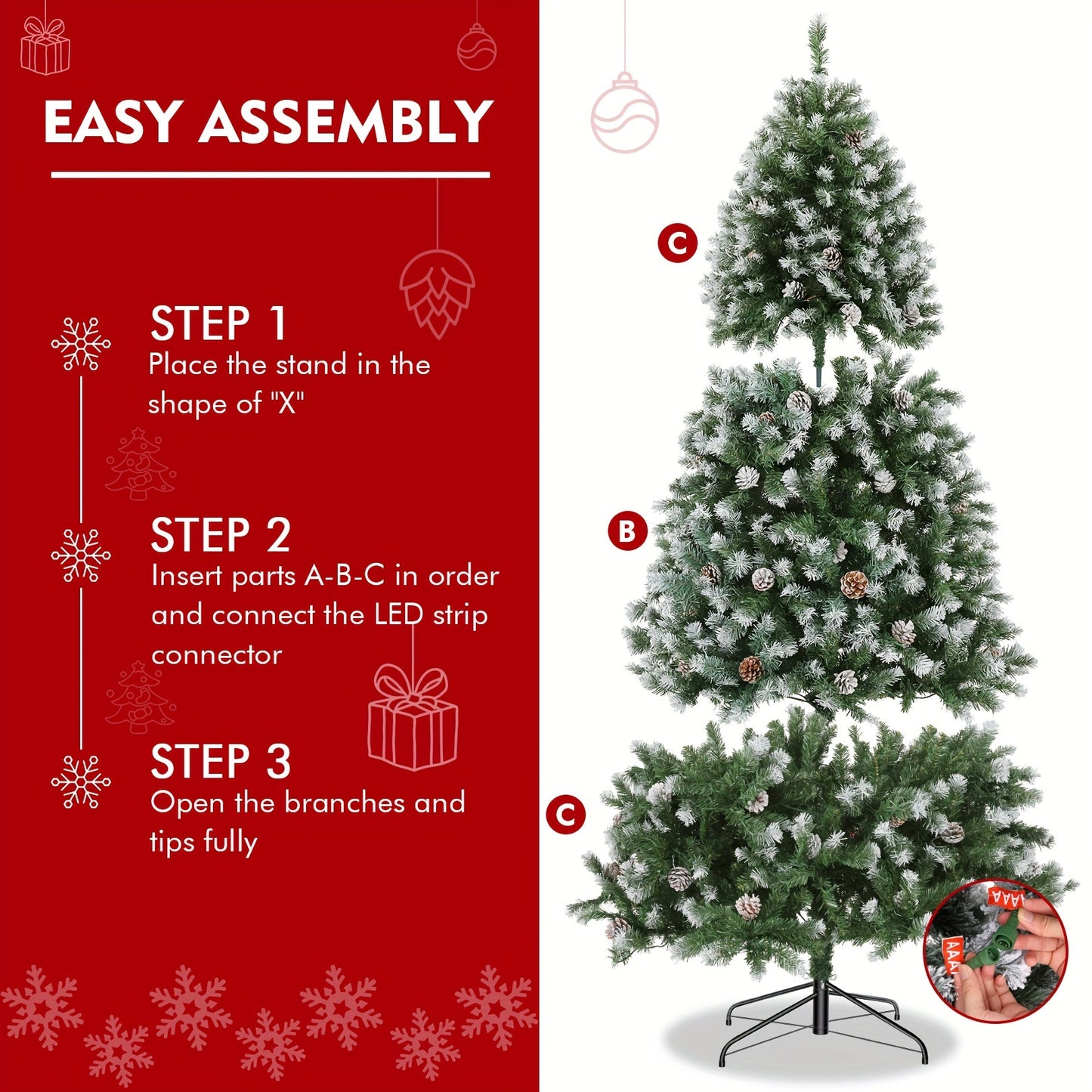 6ft/7.5ft Pre-Lit Jet White Artificial Christmas Tree with Collapsible Metal Stand, Warming Lights, and Pine Cones for Home Party Halloween Christmas Decoration