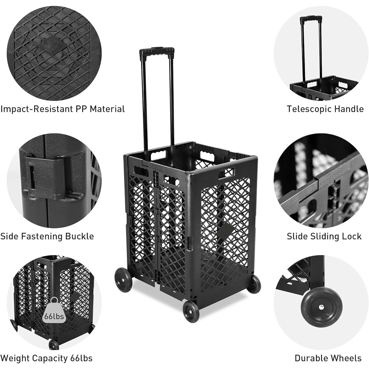 Foldable Rolling Crate with Wheels, Folding Heavy Duty Collapsible Basket with Telescopic Handle, Capacity Rolling Cart for Shopping,Travel, Laundry, Support to 66 lbs, Black, Large