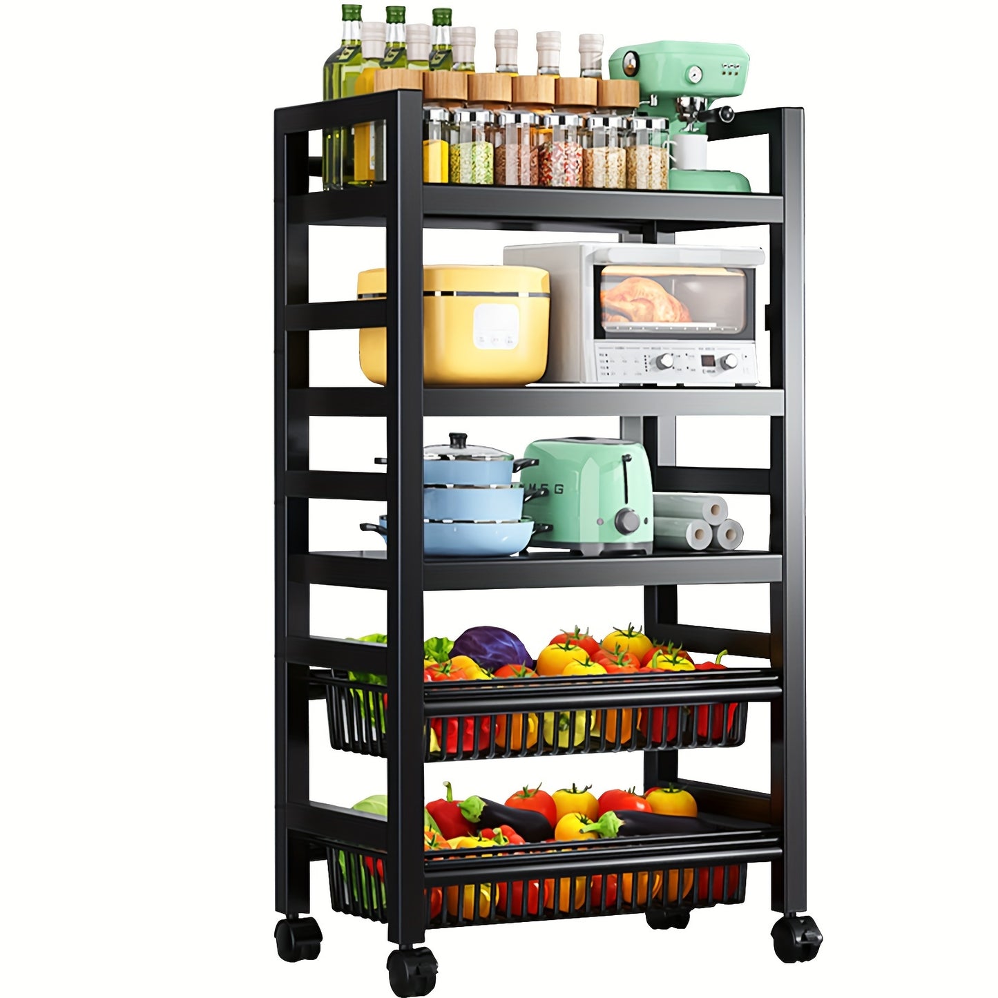 4/5-Tier Metal Storage Shelves with Wheels, Fruit Basket for Kitchen, Heavy Duty Foldable Garage Shelving Unit for Easy Organization, Ideal for Kitchen, Garage, and Basement