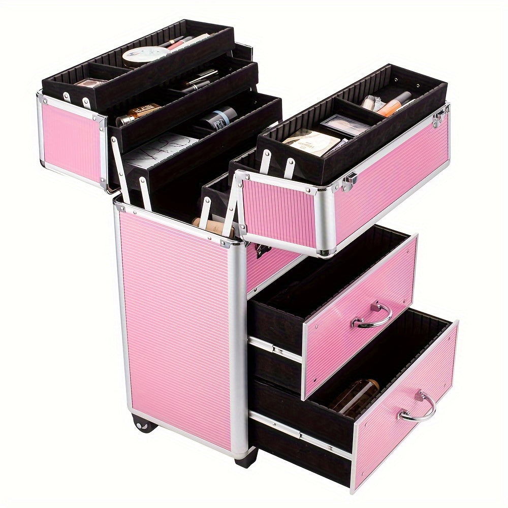 Stylish Pink Lockable Cosmetic Makeup Case with 4 Tiers & Extendable Trays - Spacious, Secure, and Chic