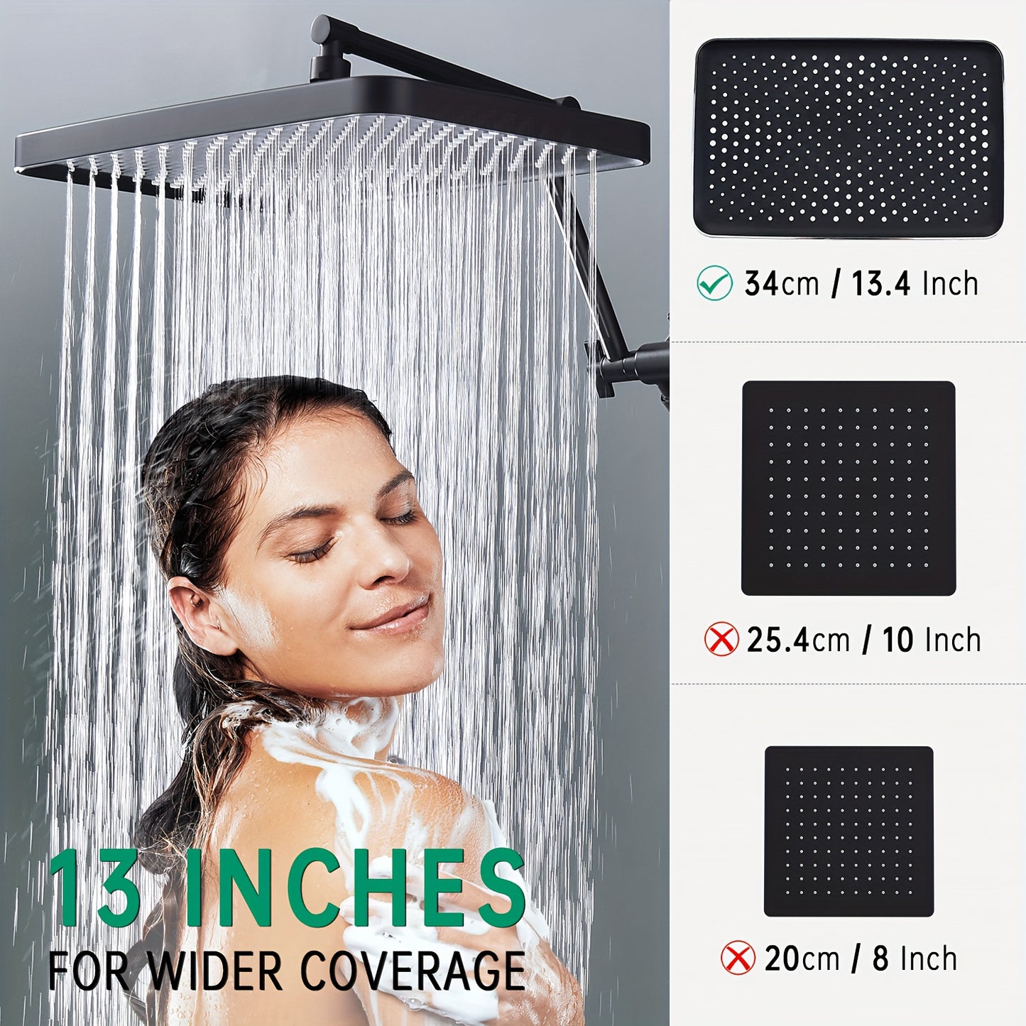 Shower Heads with Handheld Spray Combo, 13 Inches Rain Shower Head with 4-Mode Shower Wand, and 13 Inches Adjustable Arm, 3-Way Shower Diverter Valve, Extra Long Hose (Matte Black)