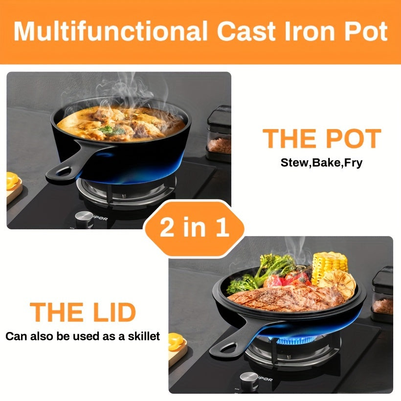 Cast Iron Skillet With Lid, 2-In-1 Multi Cooker, Deep Pot 3.2Qt+ Frying Pan 1.4Qt, Dutch Oven, Oven Cookware, Works For Oven, Stove, Grill, Campfire