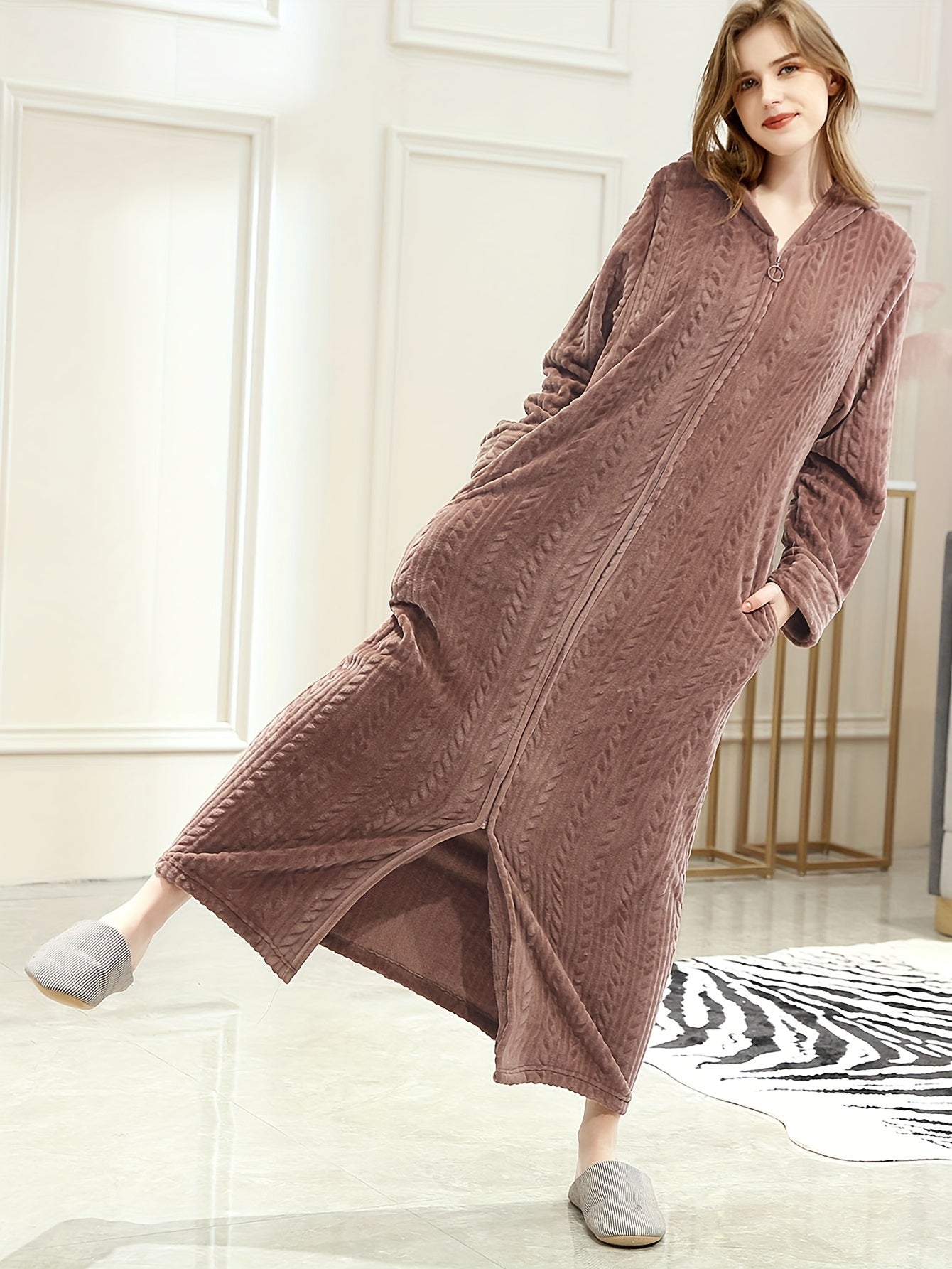 Long Flannel Fleece Hooded Zipper Bathrobe for Women - Winter Warm Housecoat Nightgown Sleepwear Pajamas