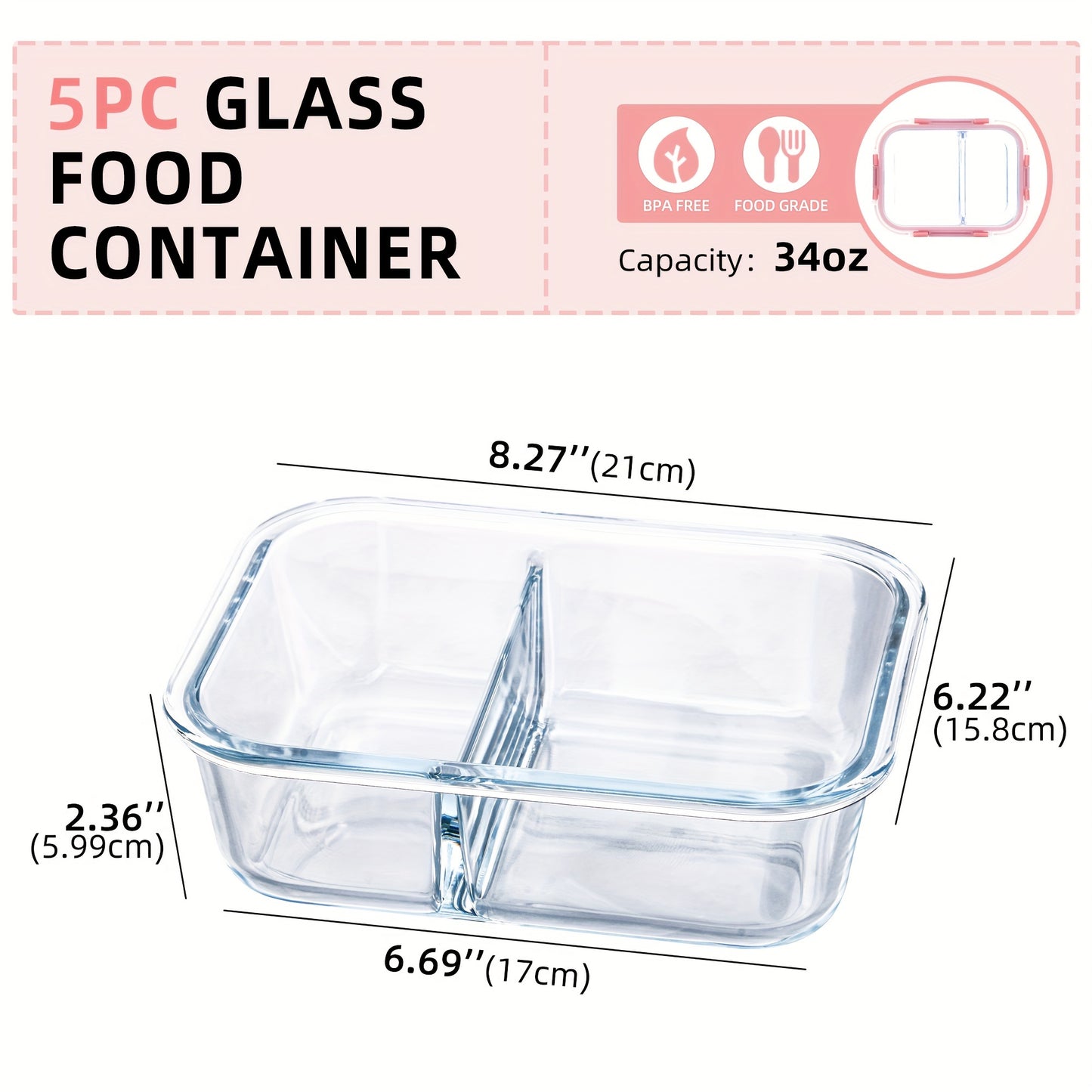 5-Pack Premium Borosilicate Glass Meal Prep Containers Set - 2/3 Grids, Leakproof Airtight Lids, BPA-Free, Durable, Stain-Resistant, Easy-to-Clean, and Stackable Glass Bento Boxes for Healthy Food Storage