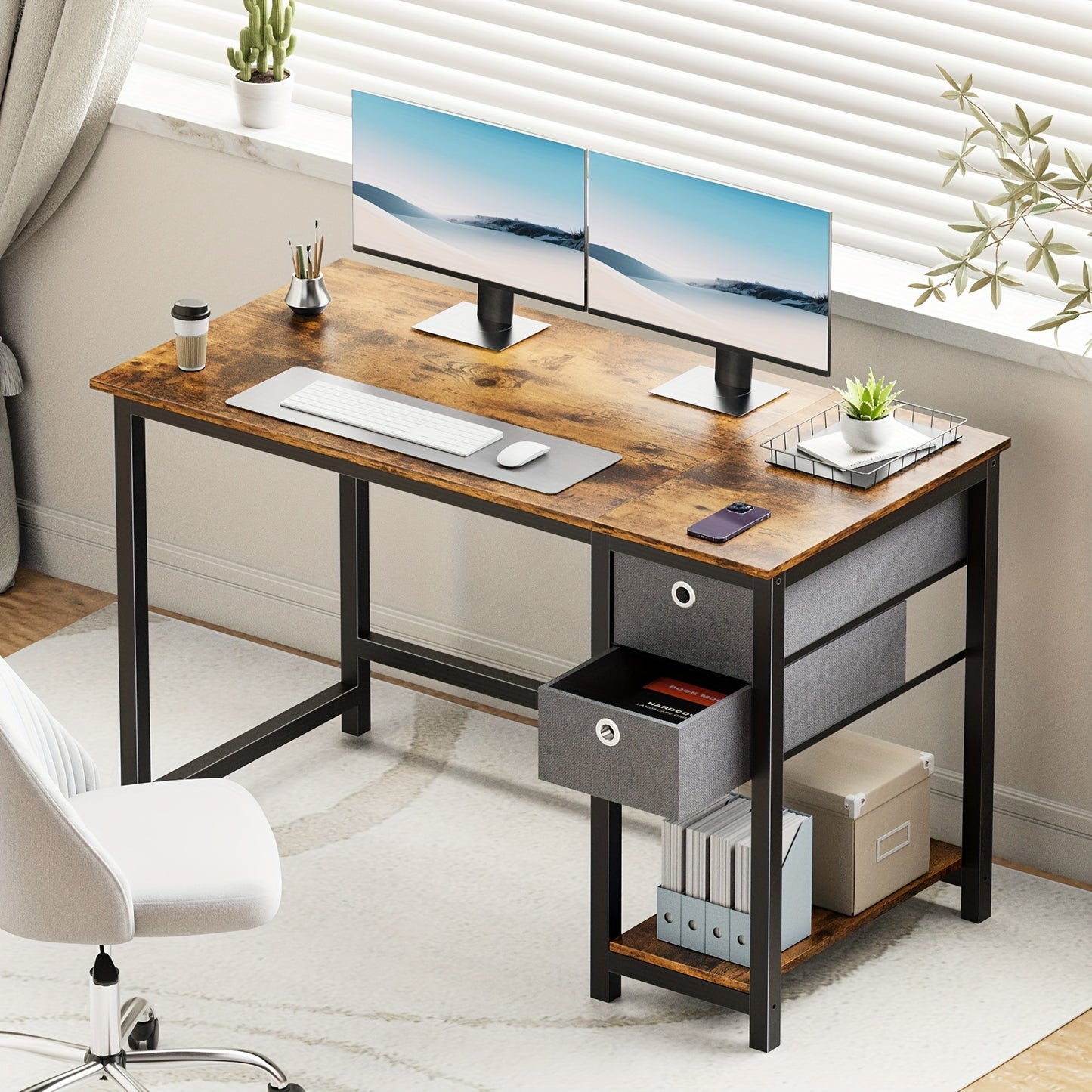 Computer Desk 40/48/56 Inch Home Office Writing Work PC Table Study Gaming 2-Tier Drawers Storage Shelf Side Headphone Hook, Modern Simple Style Small for Bedroom