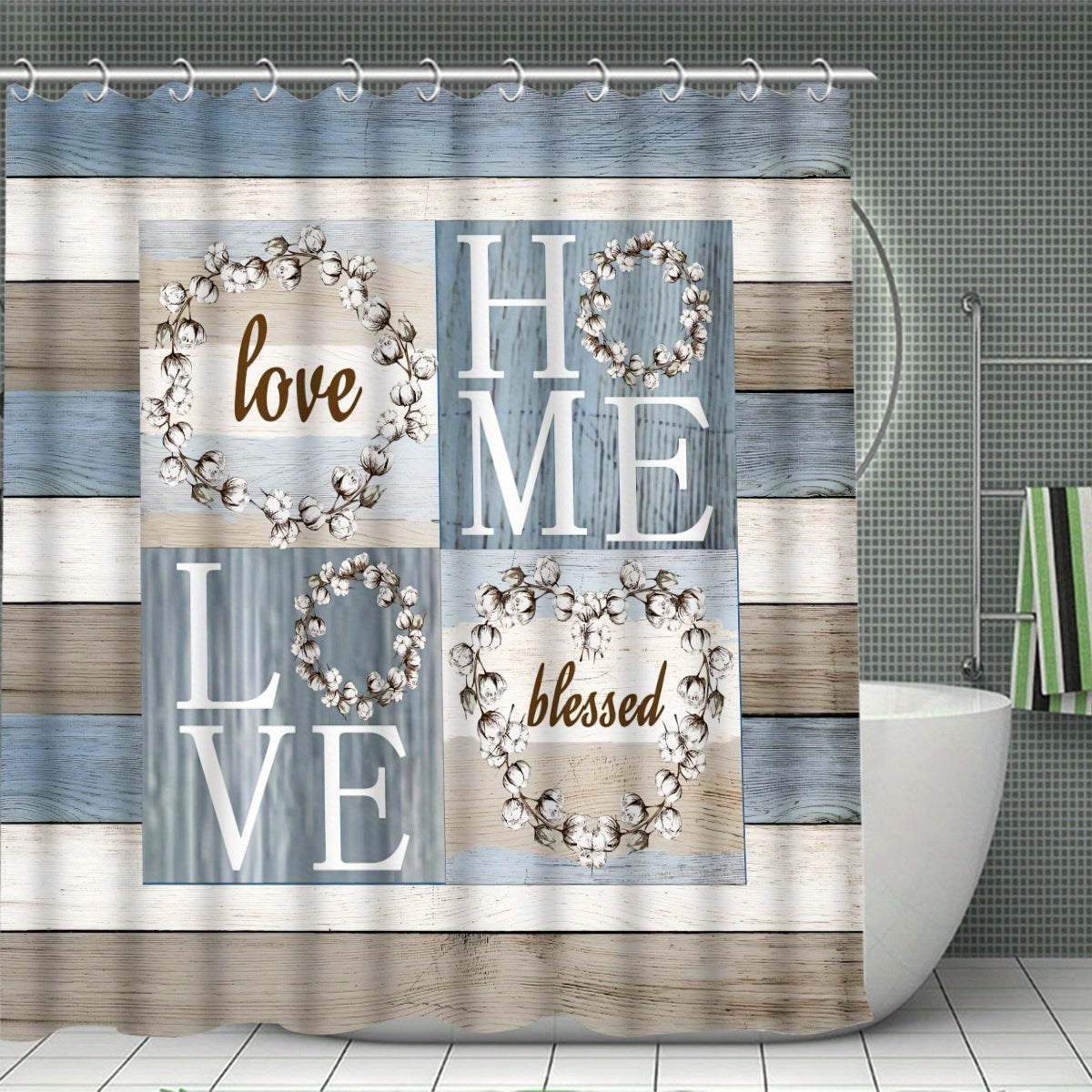 4pcs Wood Grain Background Letters Modern Home Bathroom Decoration: Shower Curtain and 3-piece Toilet Floor Mat Set with 12 Shower Curtain Hooks