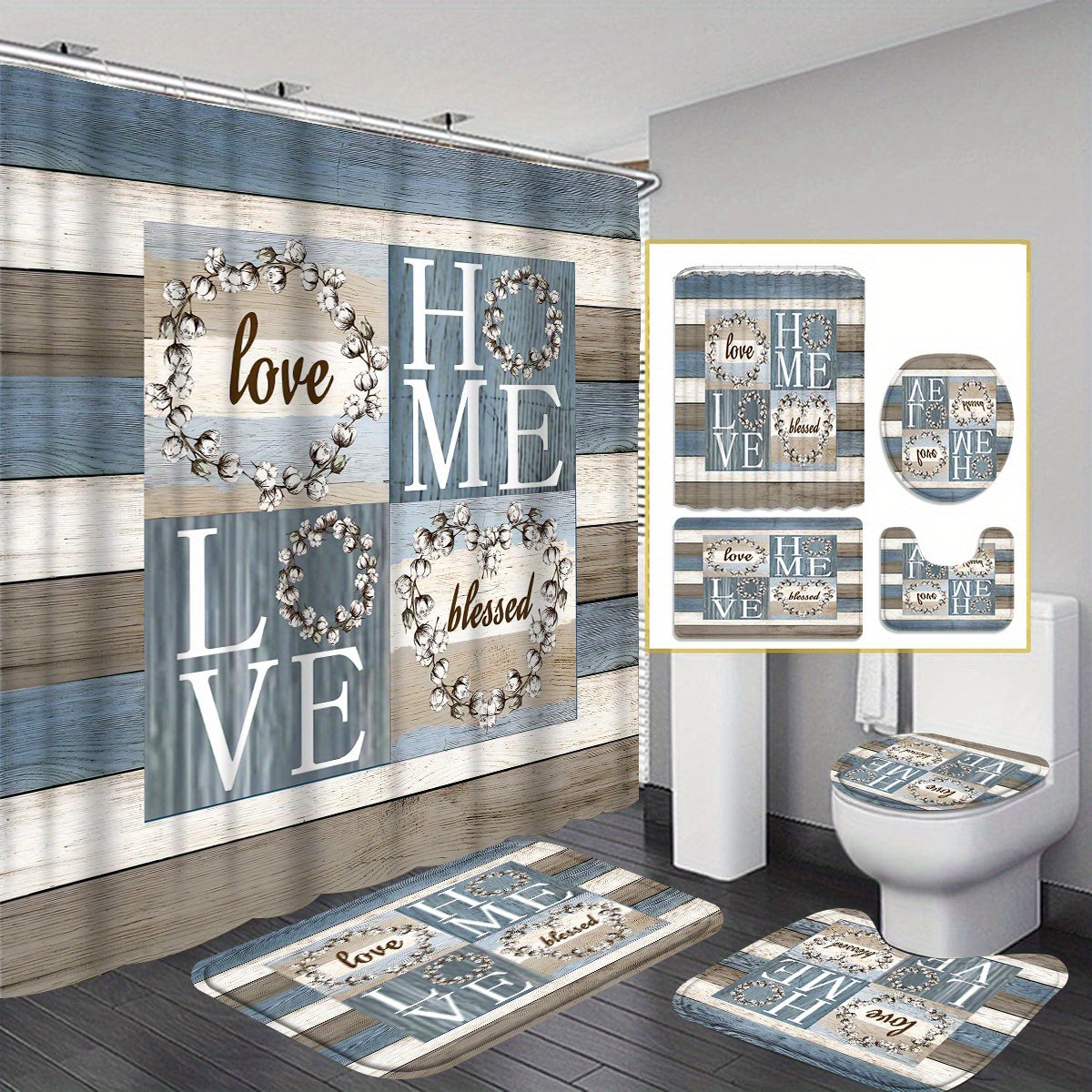 4pcs Wood Grain Background Letters Modern Home Bathroom Decoration: Shower Curtain and 3-piece Toilet Floor Mat Set with 12 Shower Curtain Hooks