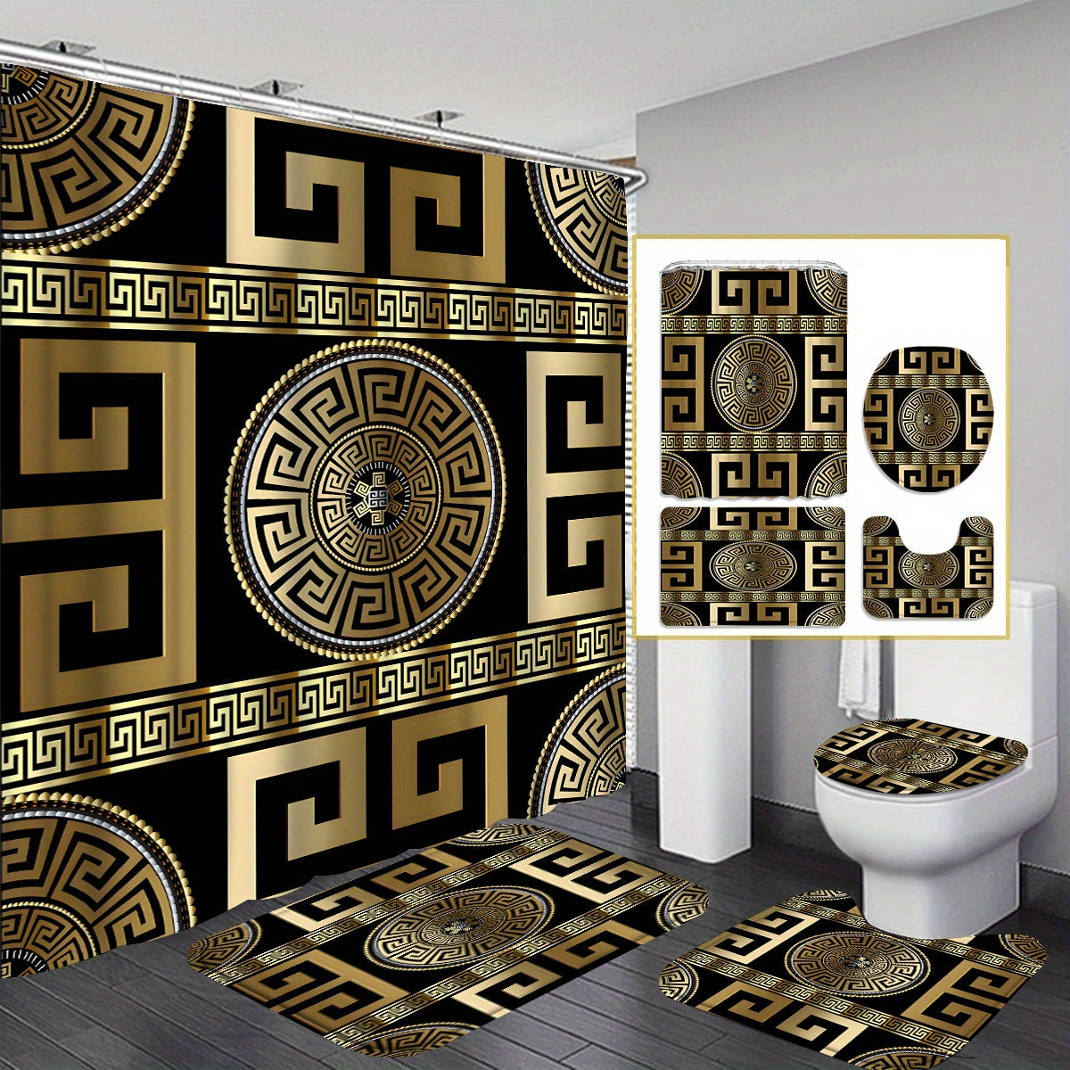 4pcs Black Golden Geometric Design Shower Curtain Set with 12 Hooks, Modern Home Bathroom Decoration, and 3-piece Toilet Floor Mat