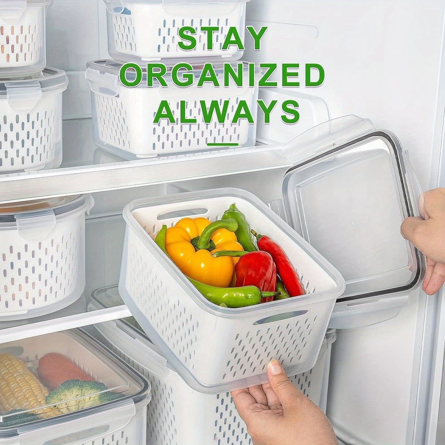 8 PCS Fruit Storage Containers - Airtight, Dishwasher Safe, Removable Colander, Produce Saver - Keep Berries, Vegetables Fresh Longer, Refrigerator Organization, Space-Saving Design