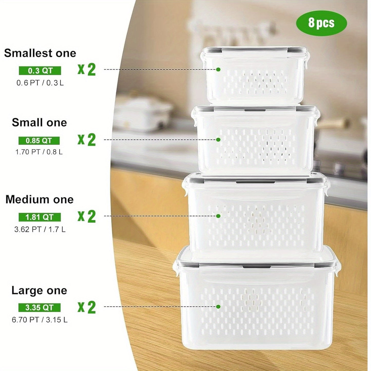 8 PCS Fruit Storage Containers - Airtight, Dishwasher Safe, Removable Colander, Produce Saver - Keep Berries, Vegetables Fresh Longer, Refrigerator Organization, Space-Saving Design