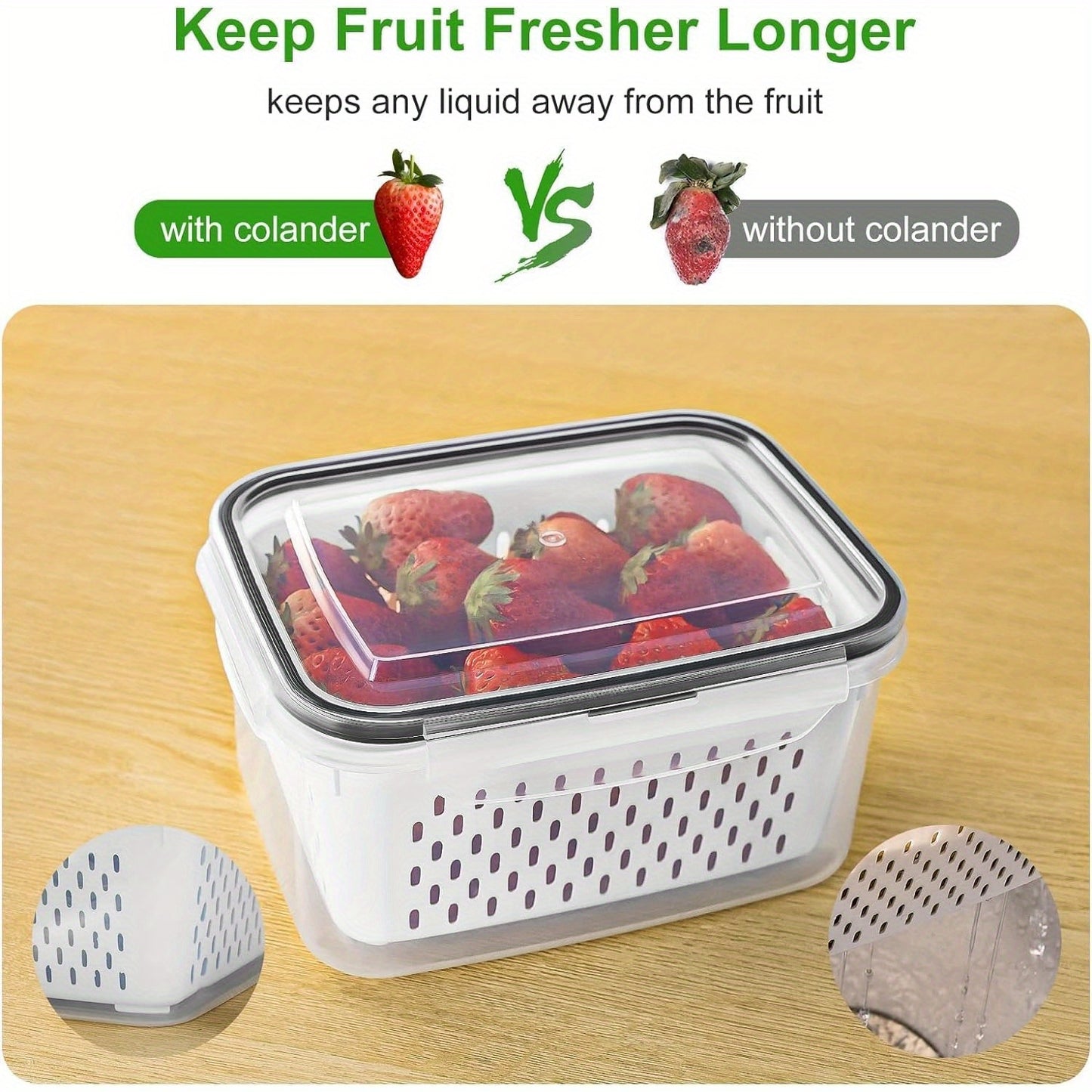 8 PCS Fruit Storage Containers - Airtight, Dishwasher Safe, Removable Colander, Produce Saver - Keep Berries, Vegetables Fresh Longer, Refrigerator Organization, Space-Saving Design