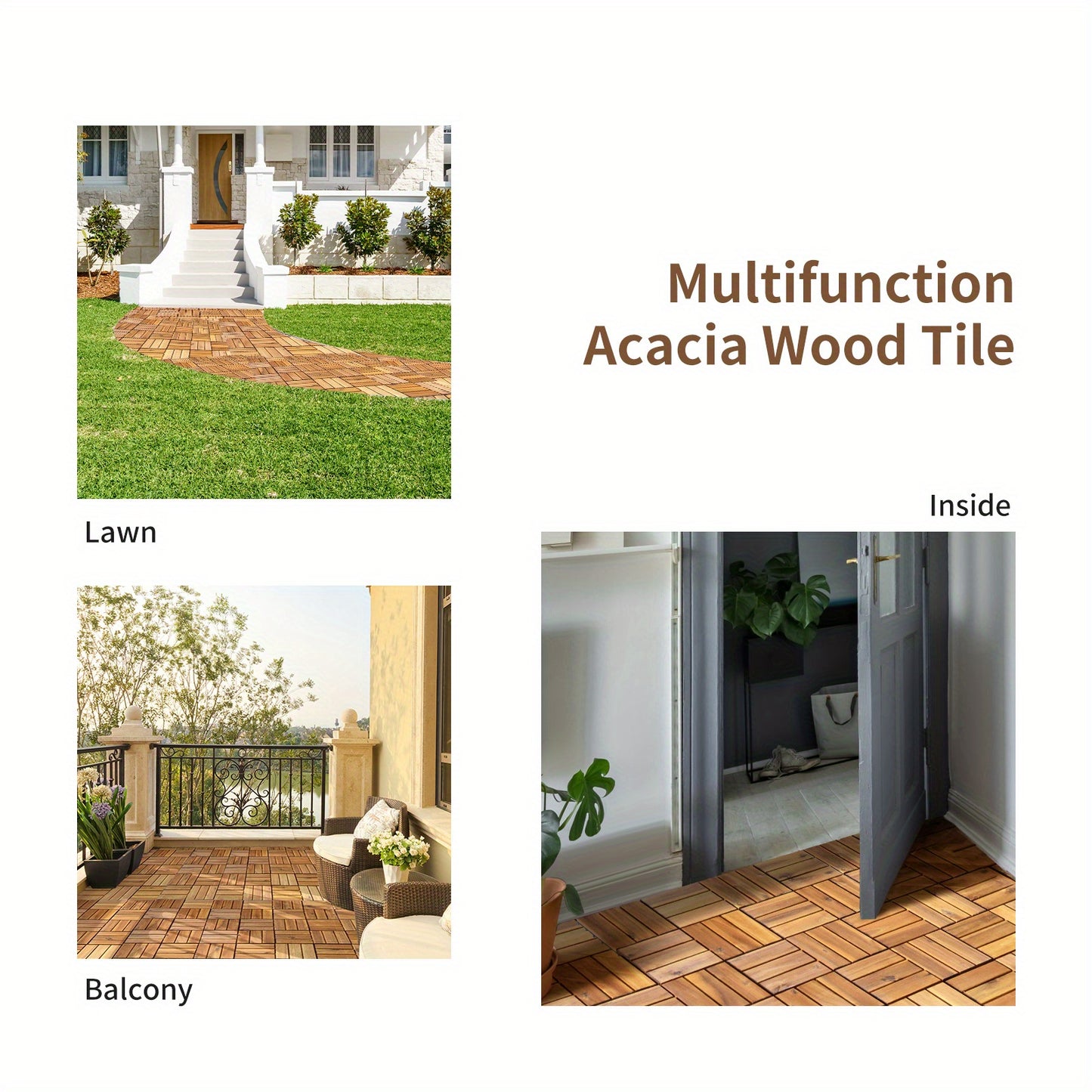 27PCS Patio Interlocking Tiles Acacia Slat Wood Garden Indoor & Outdoor