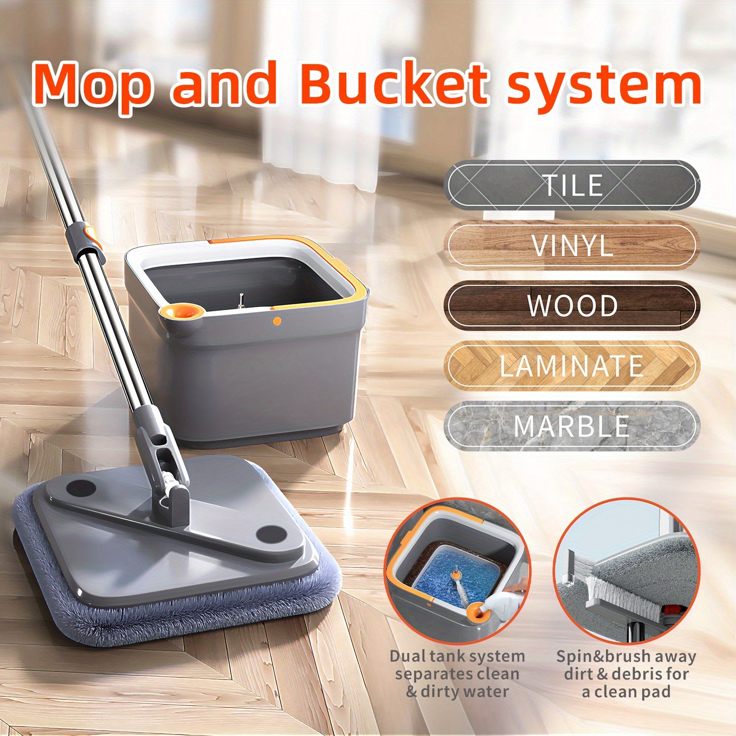 Spin Mop and Bucket System, Includes Square Spin Mop, Dual Compartment Mop Bucket and 2/ 6 Thick Machine Washable Mop Pads