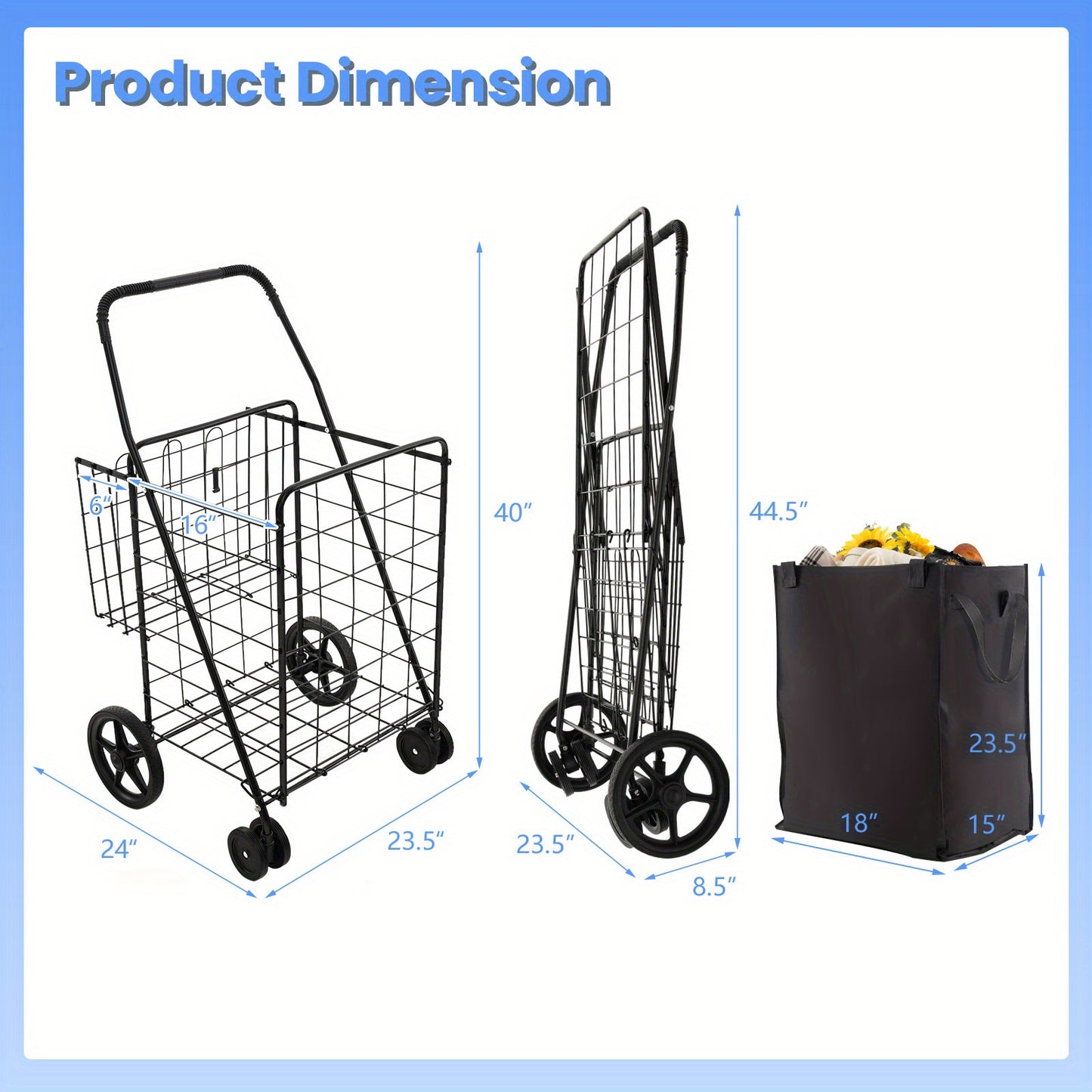 Double Capacity Folding Shopping Cart with Waterproof Liner - Sturdy, Compact, and Easy to Maneuver Utility Cart for Grocery, Laundry, and More - Perfect for Seniors, People with Mobility Issues, and Busy Shoppers