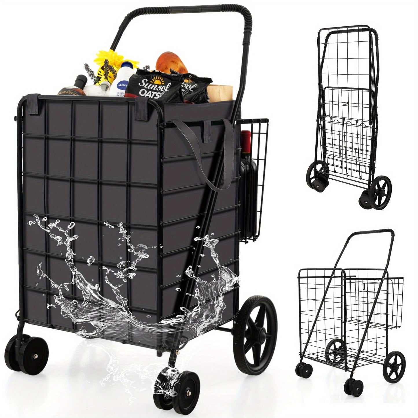 Double Capacity Folding Shopping Cart with Waterproof Liner - Sturdy, Compact, and Easy to Maneuver Utility Cart for Grocery, Laundry, and More - Perfect for Seniors, People with Mobility Issues, and Busy Shoppers