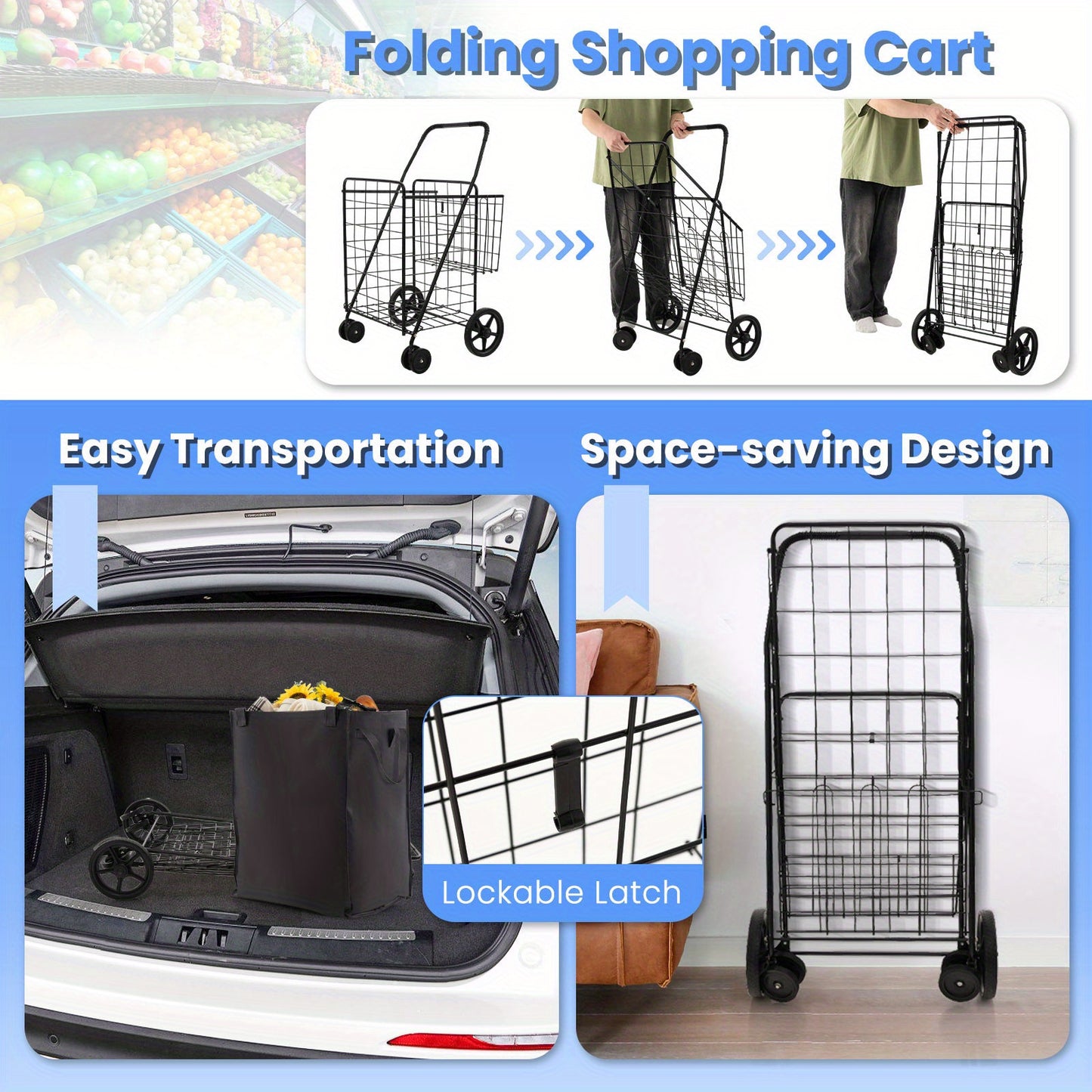 Double Capacity Folding Shopping Cart with Waterproof Liner - Sturdy, Compact, and Easy to Maneuver Utility Cart for Grocery, Laundry, and More - Perfect for Seniors, People with Mobility Issues, and Busy Shoppers