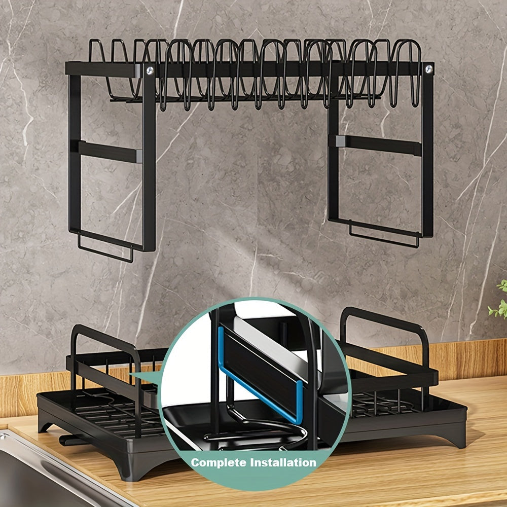 Dish Drying Rack, 2 Tier Large Dish Drying Rack for Kitchen Counter with Drainboard Stainless Steel Dish Drainer for Dish/Knifes/Cup/Cutting Board, Black