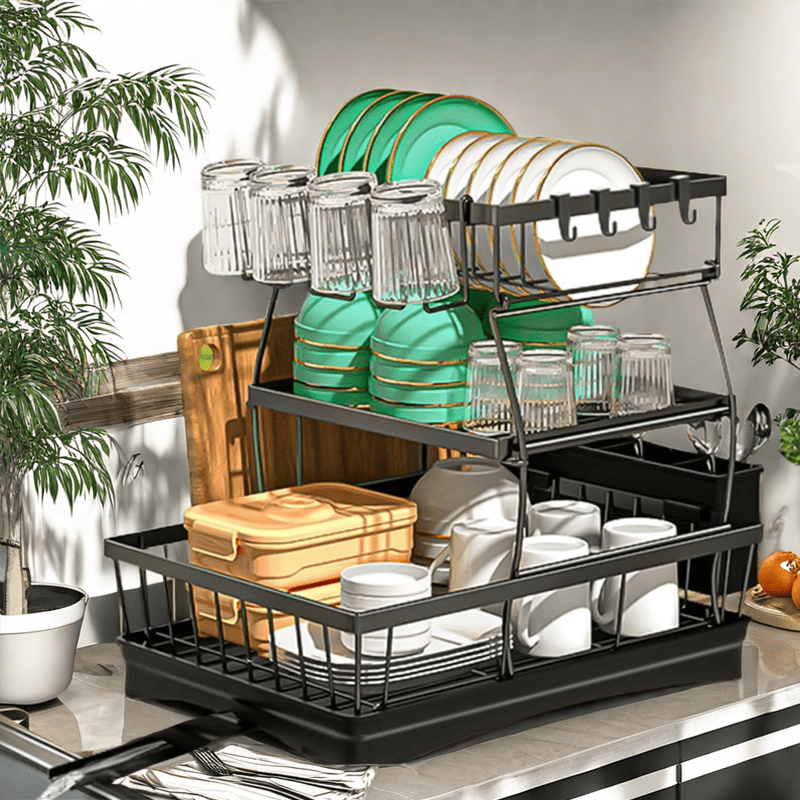 Three-Tier Stainless Steel Kitchen Storage Rack - Dish Rack for Dishes, Cups, Knives, Forks, and Sponge Cloth Drain Storage with Space-Saving Design and Easy Cleaning