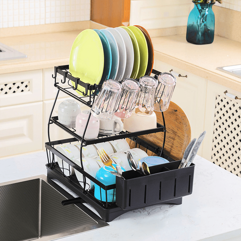 Three-layer Black Bowl Tray Rack Kitchen Storage Rack Three-layer Shelf Stainless Steel Kitchen Storage For Dishes, Cups, Knives And Forks, Sponge Cloth Drain Storage