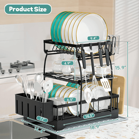 Three-Tier Stainless Steel Kitchen Storage Rack - Dish Rack for Dishes, Cups, Knives, Forks, and Sponge Cloth Drain Storage with Space-Saving Design and Easy Cleaning