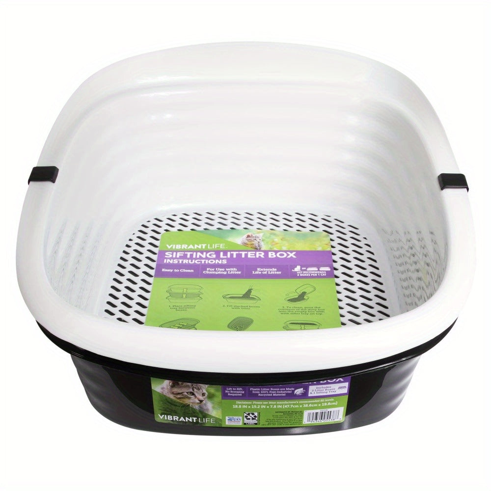 Sifting Cat Litter Box, 2 Open Top Plastic Cat Litter Pans and Cat Litter Tray, Large, Black