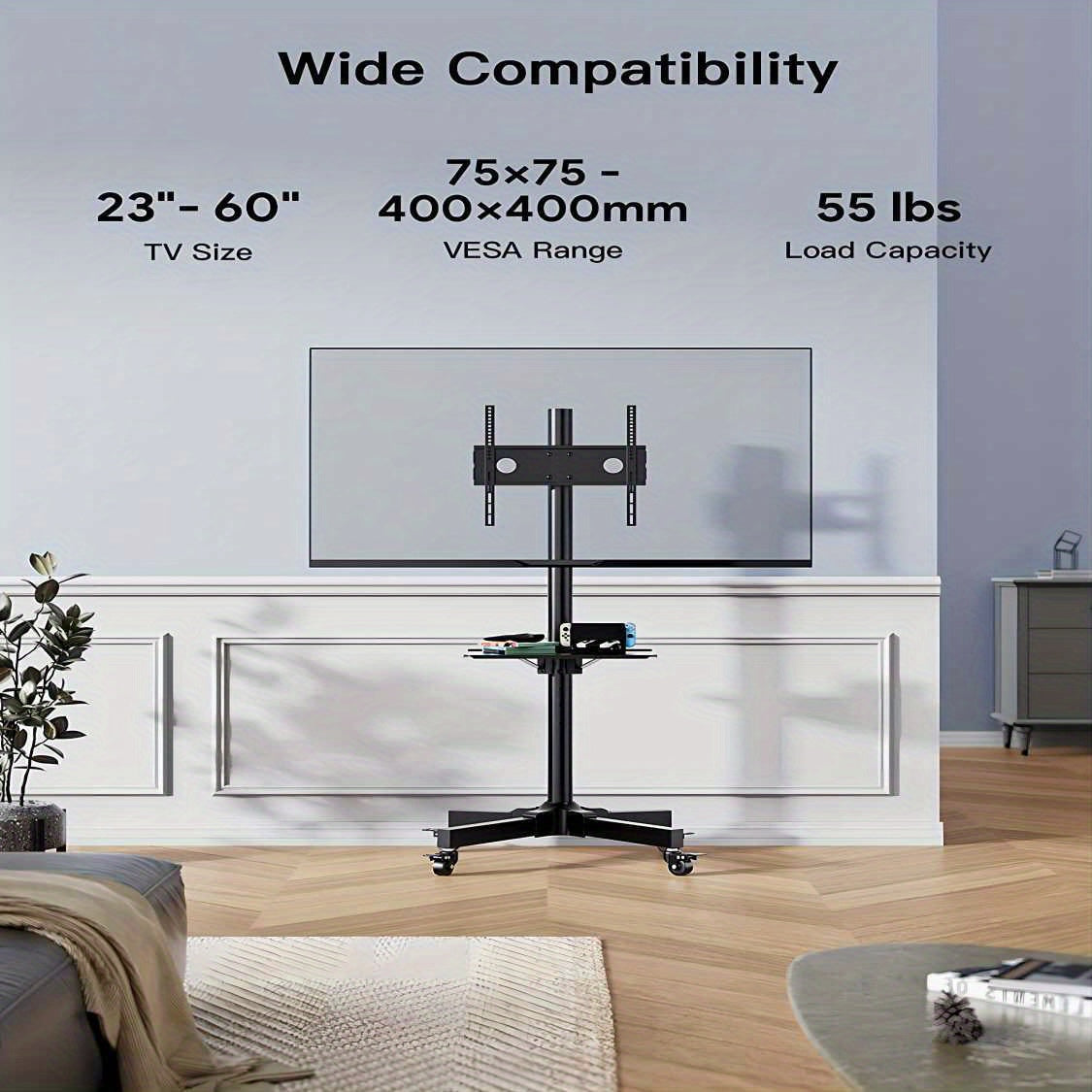 Height Adjustable TV Trolley, Removable TV Stand, TV Trolley, Maximum Load 55 Lbs, for 23-60 Inch Flat Screen TV or Screen with Monitor DVD Tray, Maximum VESA 400*400mm, Multi-Functional TV Stand Trolley with Wheels