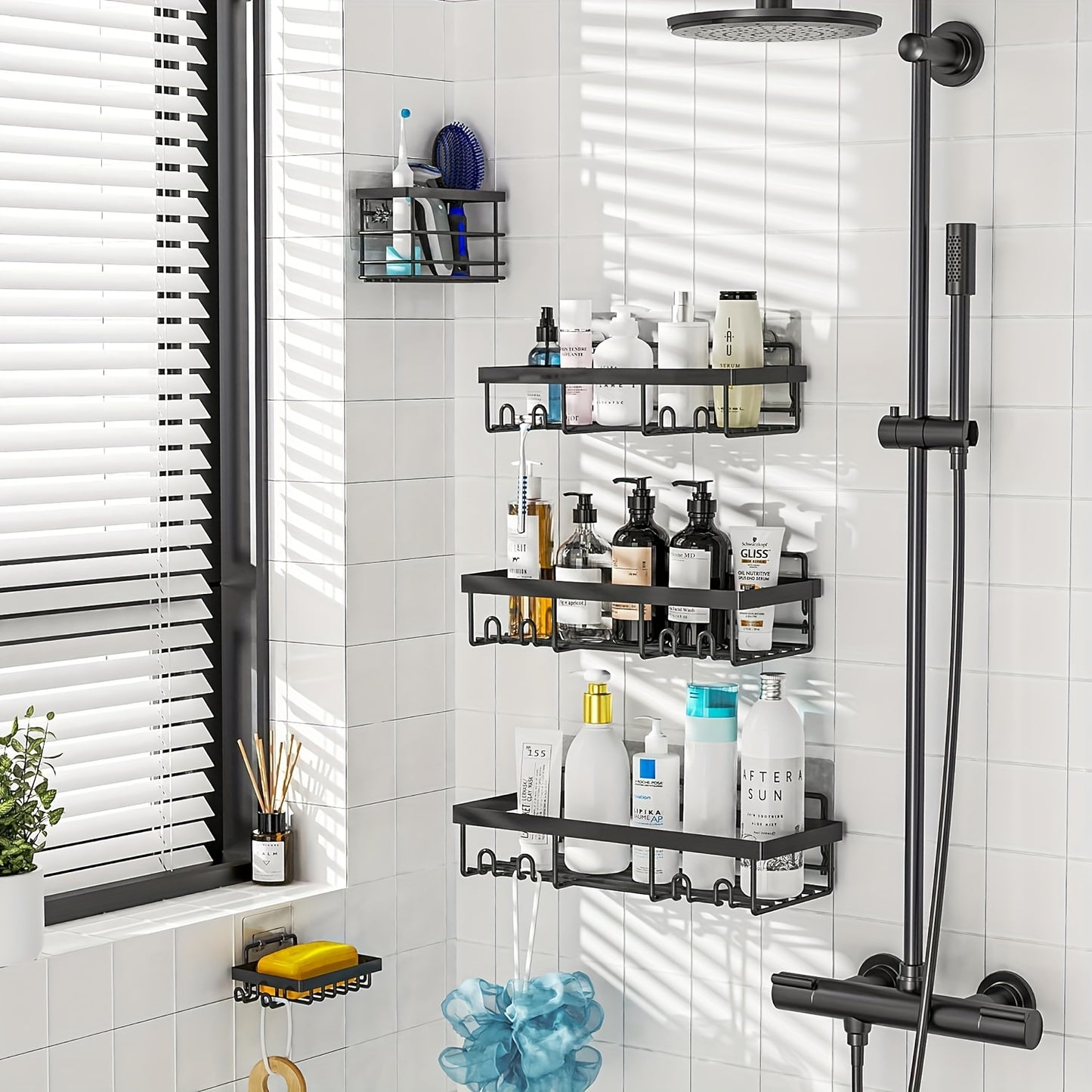 Shower Caddy, Bathroom Shower Organizers, Black Shower Shelves For Inside Shower With Soap Caddy & Toothbrush Holder, Stainless Steel Wall Rack Baskets Adhesives Mounted (5PCS)