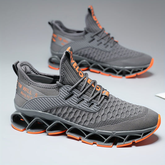 Men's Trendy Woven Knit Breathable Blade Type Running Shoes With Good Shock Absorption, Comfy Non Slip Durable Sneakers For Men's Outdoor Activities