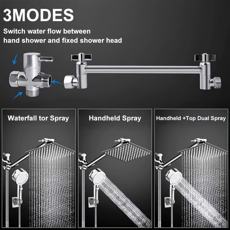 Shower Head, 12 Inch High Pressure Rainfall Shower Head/Handheld Shower Combo with 11 Inch Extension Arm, 9 Settings Adjustable Anti-leak Shower Head with Holder/Hose, Height/Angle Adjustable