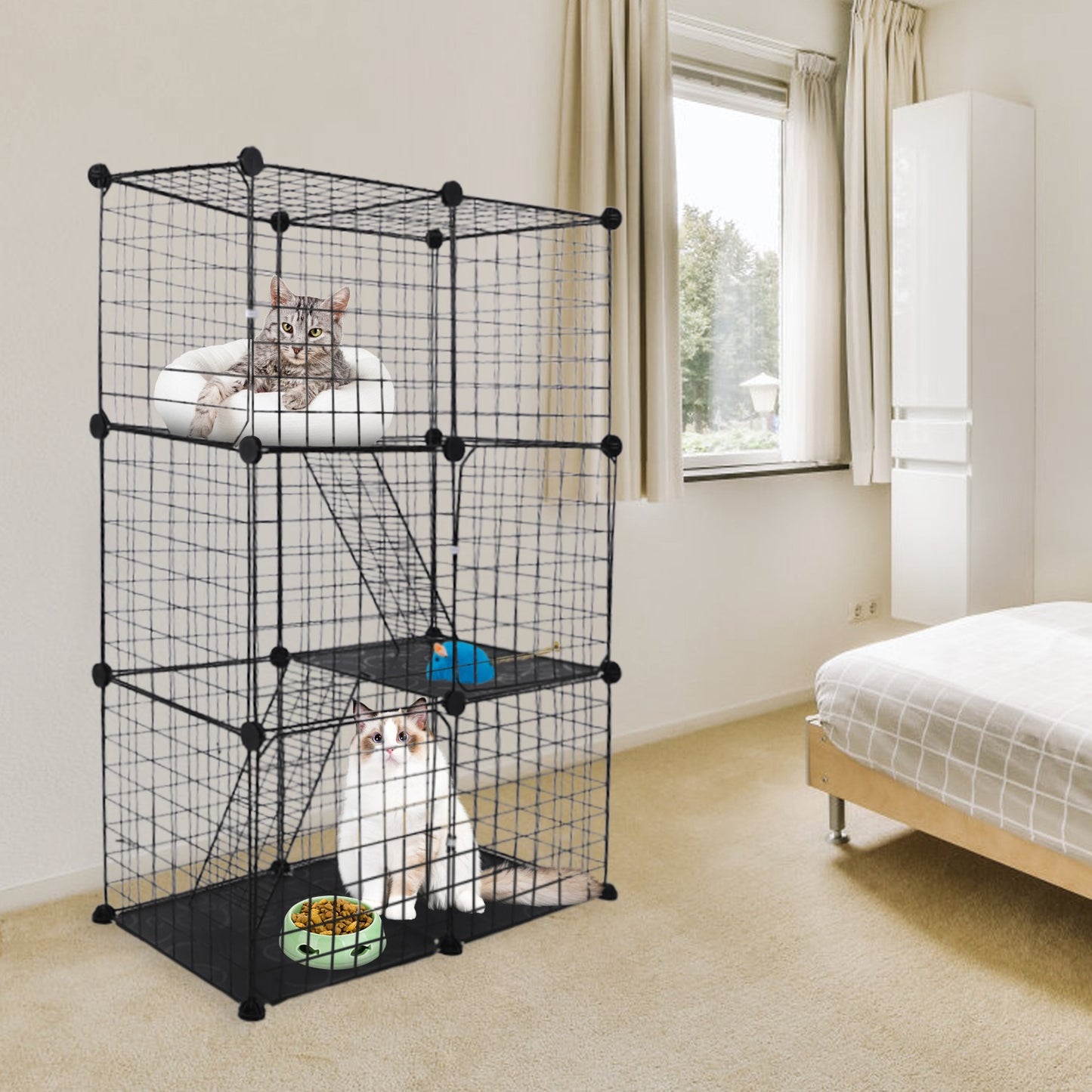 Cat Cage DIY Indoor Pet Home Small Animal House Detachable Playpen with 3 Doors 3 Tiers for Kitten Puppy Bunny Exercise. (Black，28.15x13.97x42.12in)