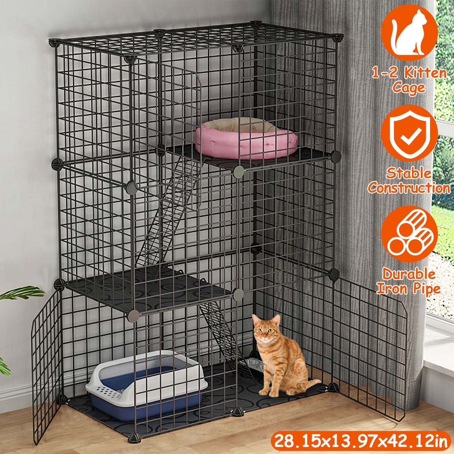 Cat Cage DIY Indoor Pet Home Small Animal House Detachable Playpen with 3 Doors 3 Tiers for Kitten Puppy Bunny Exercise. (Black，28.15x13.97x42.12in)