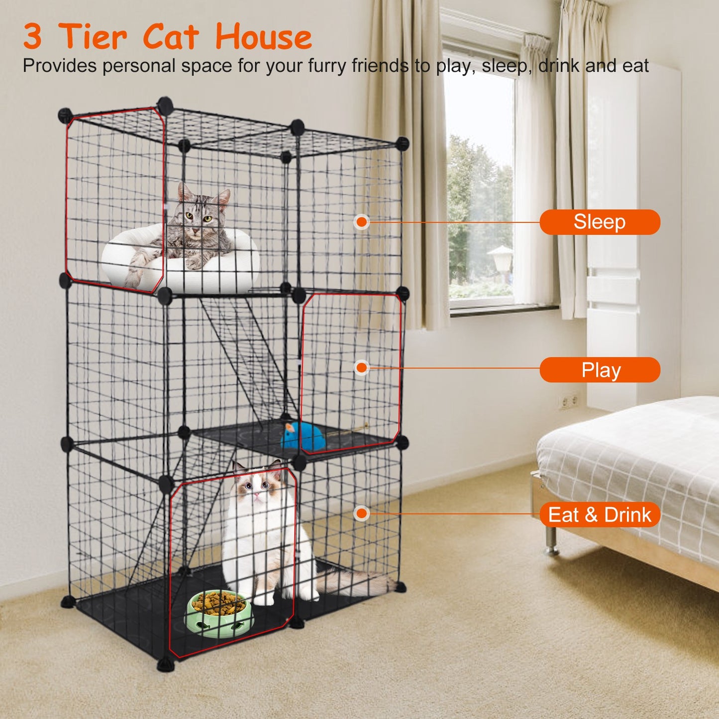 Cat Cage DIY Indoor Pet Home Small Animal House Detachable Playpen with 3 Doors 3 Tiers for Kitten Puppy Bunny Exercise. (Black，28.15x13.97x42.12in)