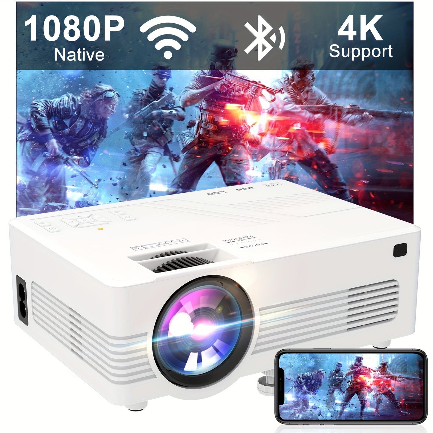 Projector With WiFi, Native 1080P Outdoor Projector, 4K Supported Portable Projector, Compatible With IOS/Android/PC/TV Stick/HDMI/USB, Indoor Outdoor Use