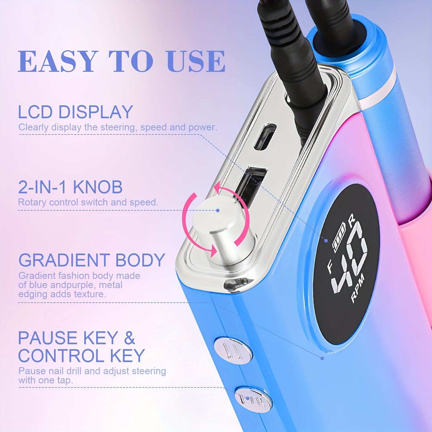 Electric Nail Drill Professional: 40000RPM Powerful Electric Nail File Portable Nail Drill with 12 Drill Bits Rechargeable Efile for Acrylic Gel Nails Removing Manicure Pedicure Salon