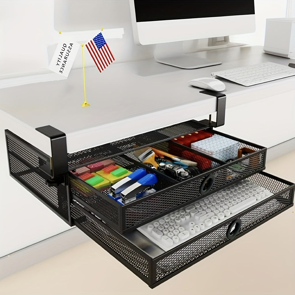 Under Desk Drawer Organizer Clamp-On, Mesh Metal Desk Drawer Attachment, 2 Drawer Slide Out, On Desk Or Under Desk Organizer For Office Supplies & Home Essentials (2 Drawers) Organization, Storage & Transport