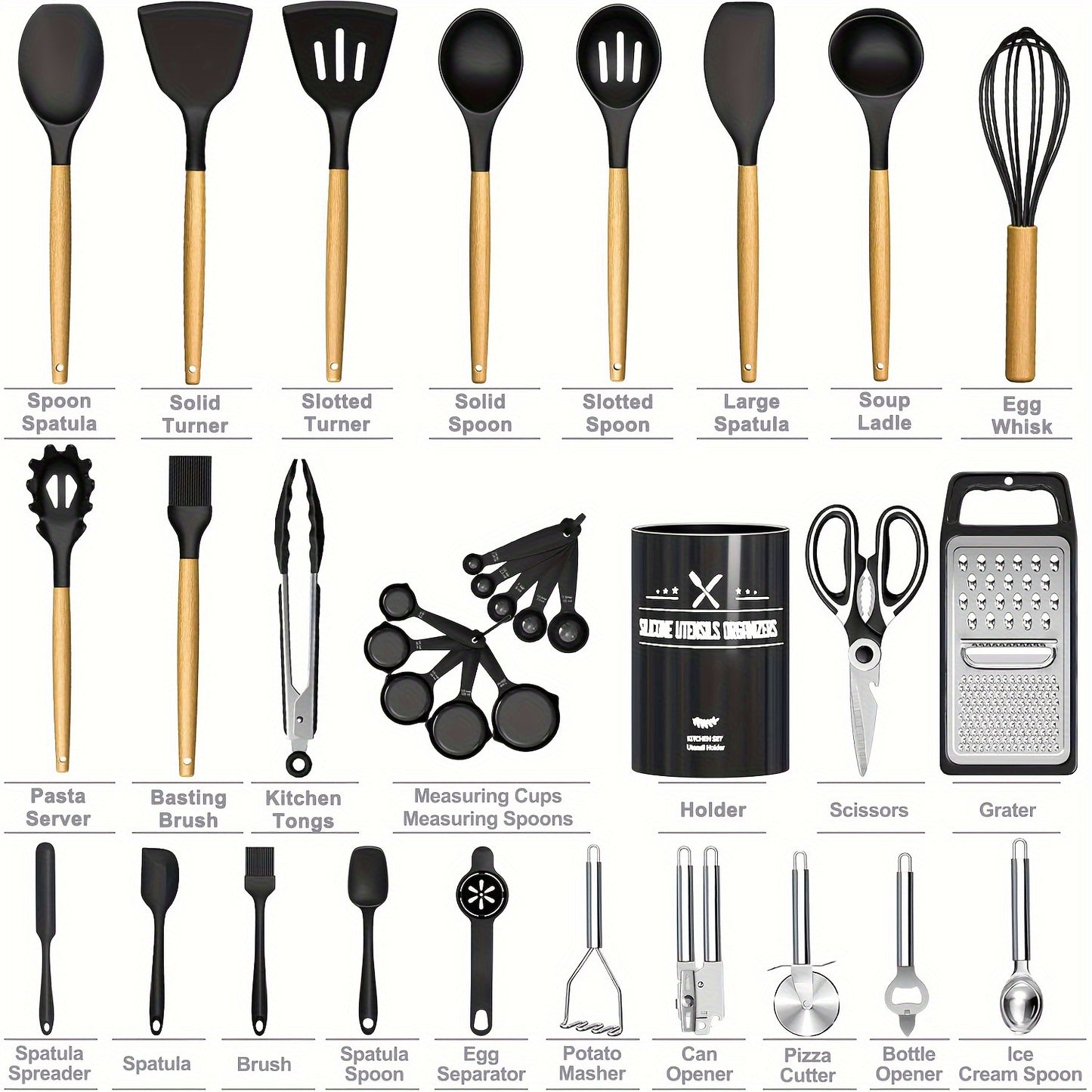 Kitchen Utensils Set- 34PCS Silicone Cooking Utensils With Holder, Heat Resistant Kitchen Utensil Spatula Set For Nonstick Cookware, Black Wooden Handles Kitchen Gadgets Tools Set