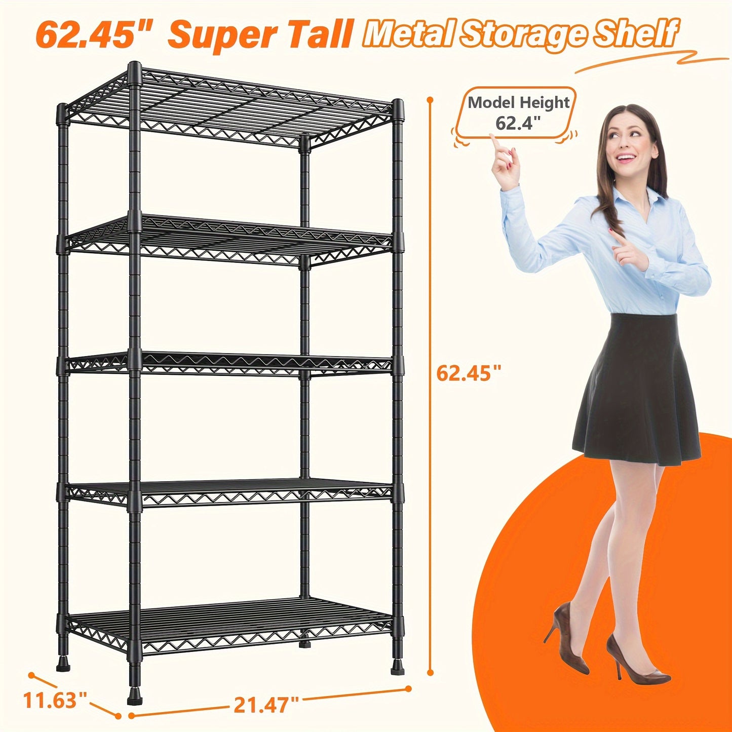 5-Tier Shelving Units 62" Adjustable Storage Shelves Sturdy Wire Shelf Adjustable Metal Shelves Detachable Storage Rack For Kitchen Laundry Living Room Heavy Duty Organizers And Storage Shelf, 11.6"D X 21.5"W X 62.5"H