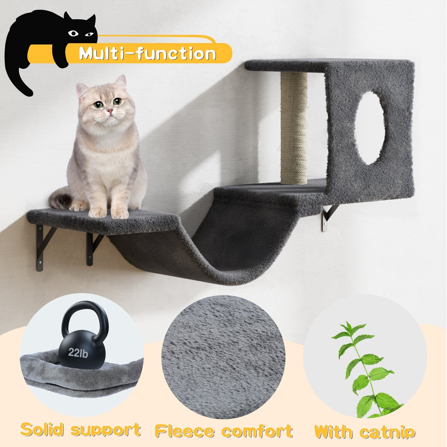 6-Piece Deluxe Wall Mounted Cat Climbing Frame - Spacious Cat House, Sturdy Bridge, Tree, Steps, Scratcher, and Shelves - DIY Indoor Cat Playground Furniture Set with Easy Assembly