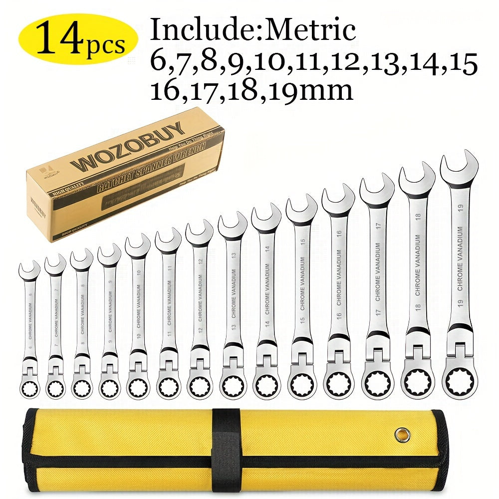 Flex Head Ratcheting Wrench Set, Combination Ended Spanner Kits, Chrome Vanadium Steel Hand Tools Socket Key Ratchet Wrench Set