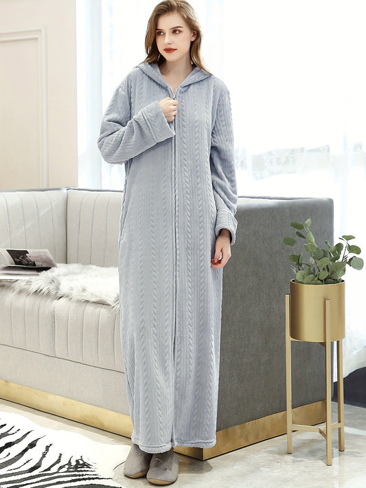 Long Flannel Fleece Hooded Zipper Bathrobe for Women - Winter Warm Housecoat Nightgown Sleepwear Pajamas