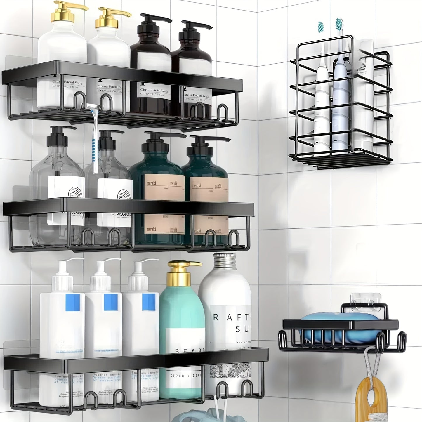 Shower Caddy, Bathroom Shower Organizers, Black Shower Shelves For Inside Shower With Soap Caddy & Toothbrush Holder, Stainless Steel Wall Rack Baskets Adhesives Mounted (5PCS)