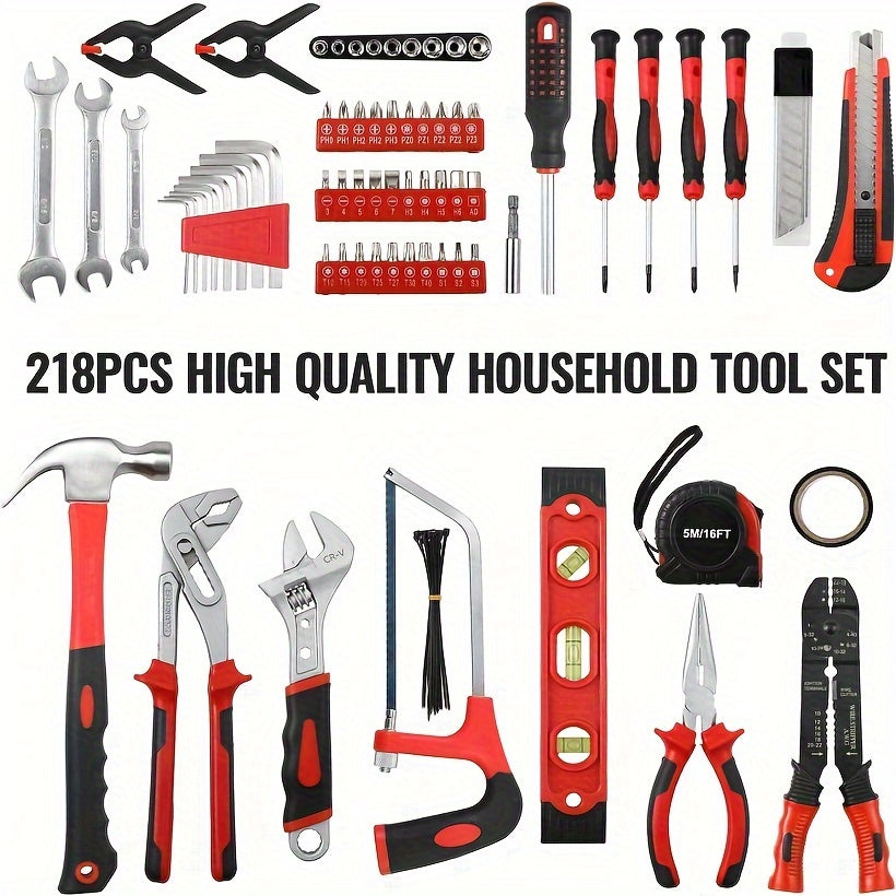 218pcs/198pcs Set Tool Kit, Fathers Day Gifts Tool Set Mechanics Kit, Portable Tool Box Set With Saw Adjustable Wrench Drive Socket Combination Wrench, With Plastic Toolbox, For Home Apartment Garage, Perfect Gift For Halloween And Christmas