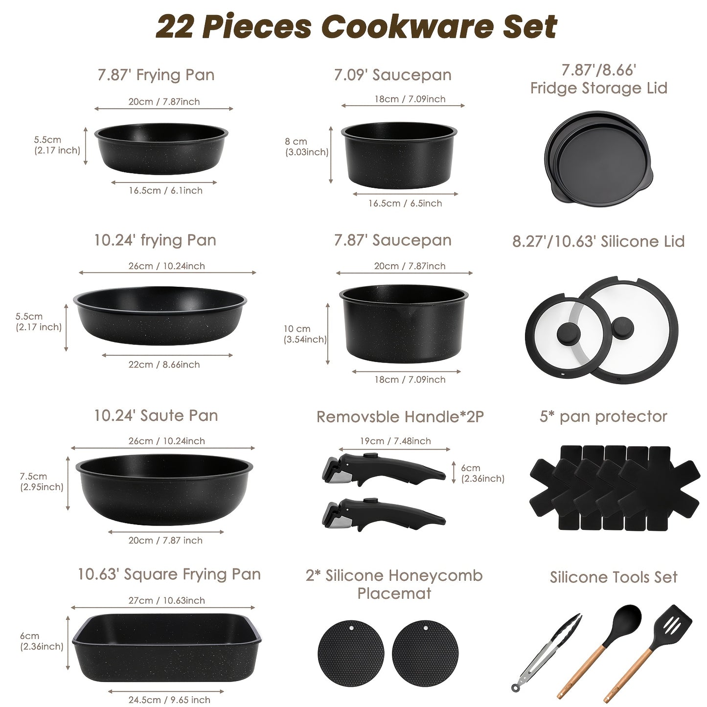 22pcs Deluxe Non-Stick Cookware Set with Removable Handles - Induction, Dishwasher & Oven Safe, Black - Ideal for Home Cooking & Meal Prep, Perfect Gift for Holidays, Non-stick Cookware, Induction Safe, Dishwasher Safe, Oven Safe