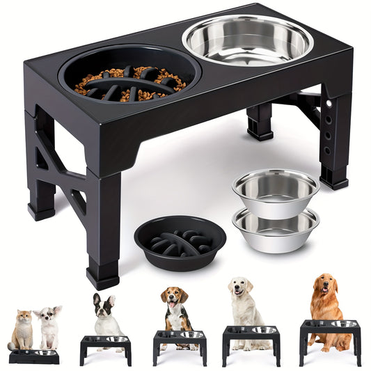 Elevated Dog Bowls, 5 Adjustable Heights Raised Dog Bowl Stand, With 2 Stainless Steel Dog Food Bowls And 1 Slow Feeder Dog Bowl, Adjusts To Height 3.2" To 12.2" For Small Medium Large Dogs