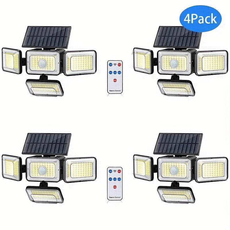 2Pcs Super Bright Extra Wide Solar Motion Sensor Outdoor Light, Floodlight, Security Light, Four Adjustment Modes, Four Light Heads, 270° Lighting Angle, Remote Control, For Yard, Garage, Porch