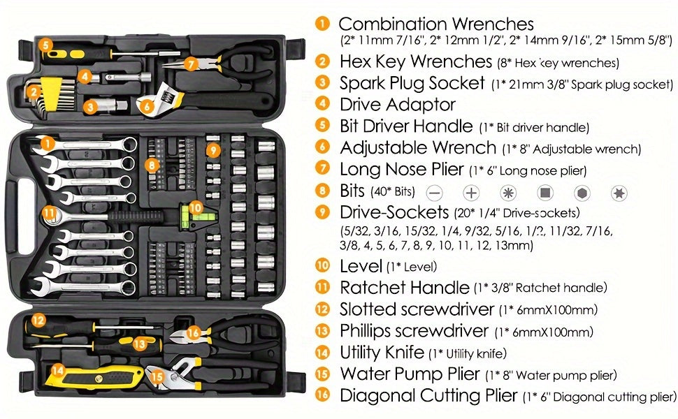 95 Piece Tool Set, Car Tool Kit, Mechanics Tool Set, Portable Toolbox With Adjustable Wrench Pliers Socket Bits, With Plastic Toolbox Storage Case, For House Apartment Garage (Yellow), Perfect Gift For Halloween And Christmas