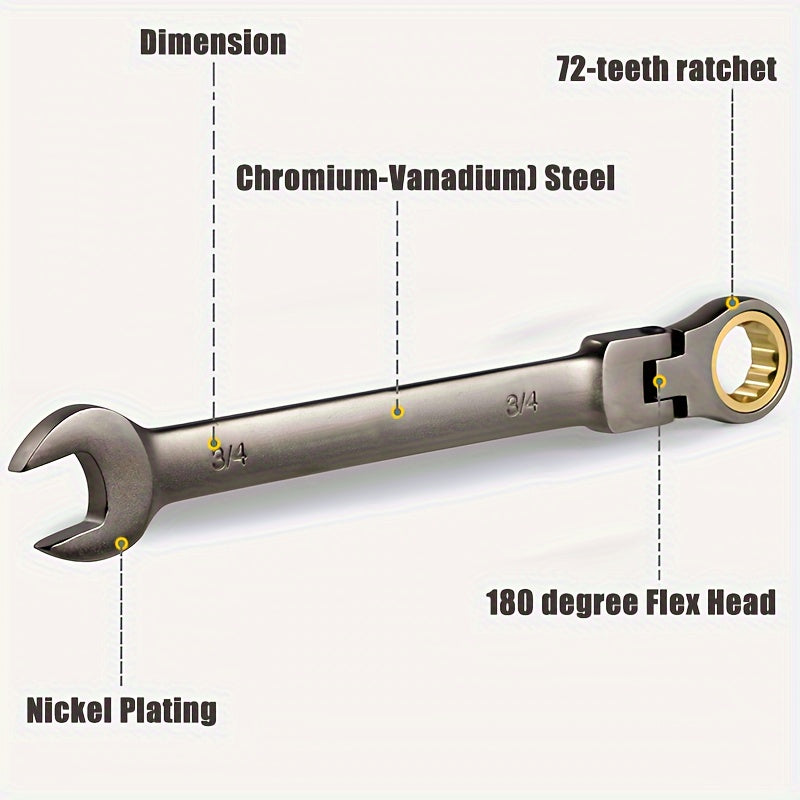 8pcs Flex Head Ratchet Combination Wrench Set, Black Nickel Sandblasted Movable Head Wrench Set, 13/16-1/4-Inch, 72-Tooth, Cr-V Construction, Comes with Roll-Off Pouch