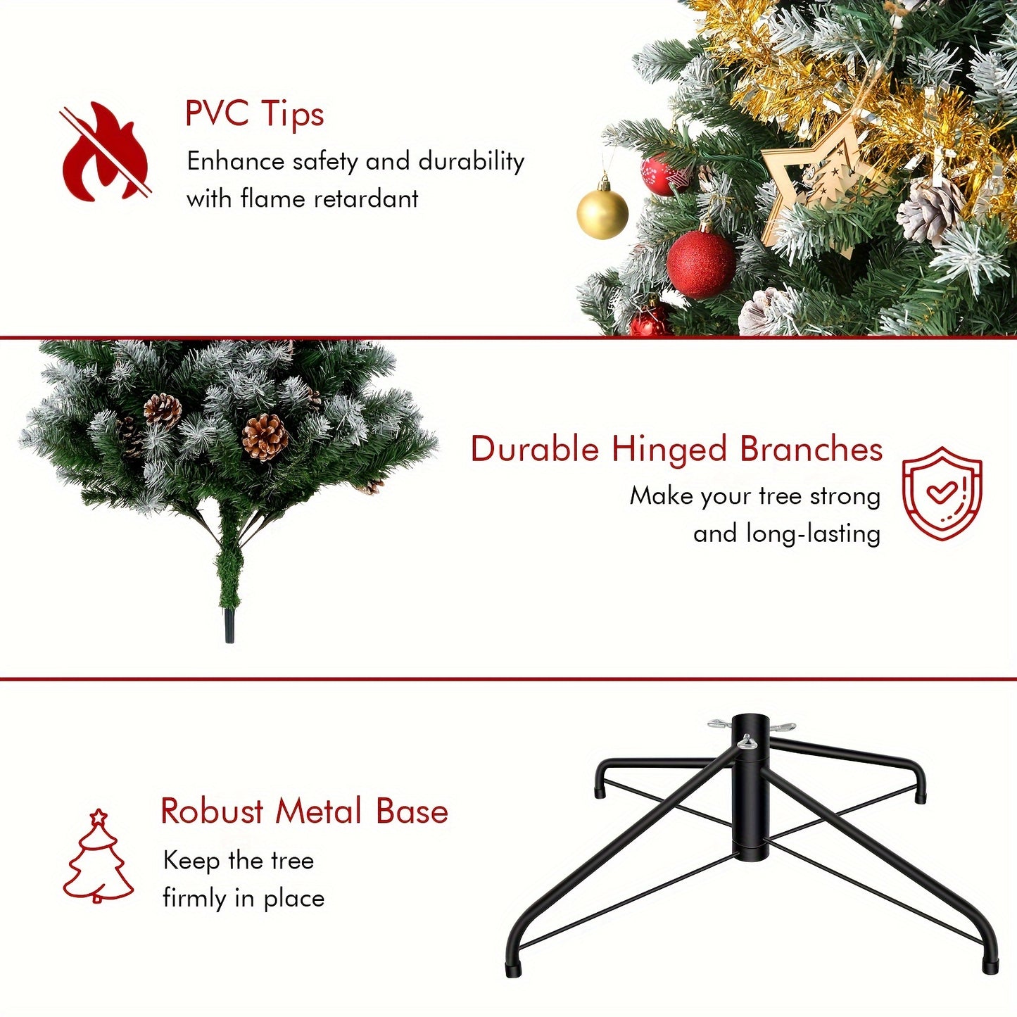 7FT Hinged Artificial Christmas Tree with 550 Lights, 80 Pine Cones, Partially Flocked & Foldable Metal Base for Home, Store, Office Party Decoration